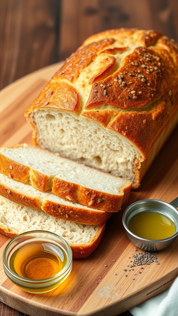 A sliced loaf of gluten-free low FODMAP bread on a wooden board, with olive oil and chia seeds.